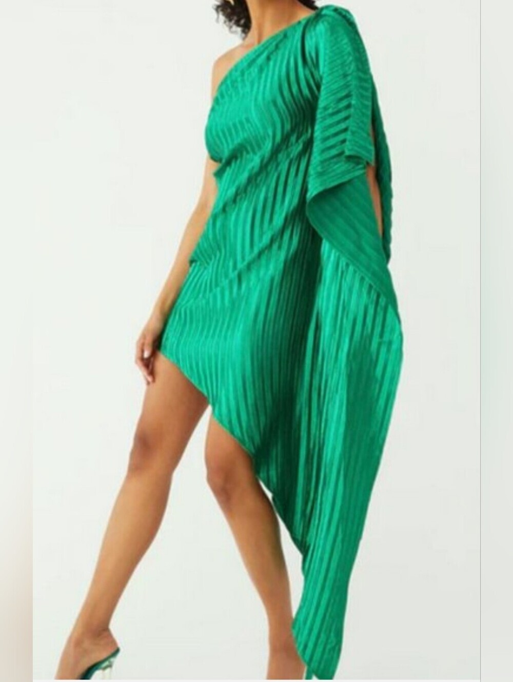 GUAPA Mini Dress  Green  Metallic One-Shoulder Pleated Skirt